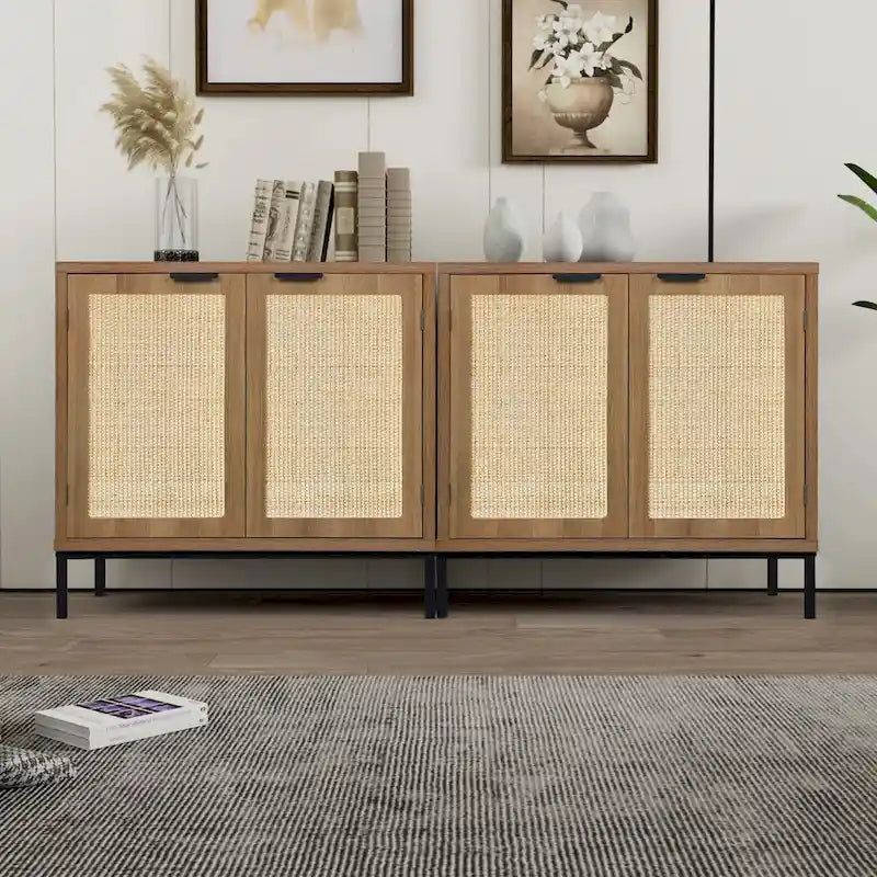 Rustic Oak Rattan 2-Door Storage Cabinet, 1-Person Assembly