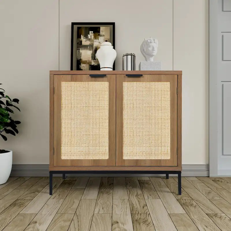 Rustic Oak Rattan 2-Door Storage Cabinet, 1-Person Assembly