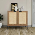 Rustic Oak Rattan 2-Door Storage Cabinet, 1-Person Assembly