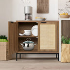 Rustic Oak Rattan 2-Door Storage Cabinet, 1-Person Assembly