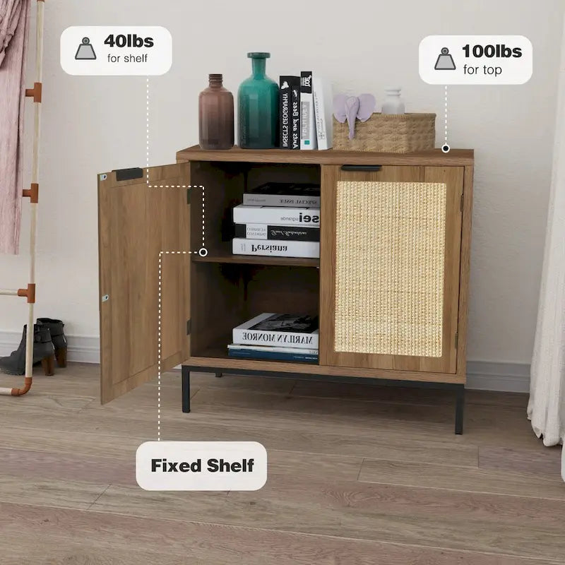 Rustic Oak Rattan 2-Door Storage Cabinet, 1-Person Assembly