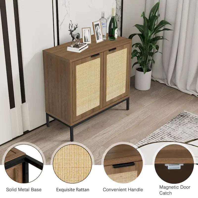 Rustic Oak Rattan 2-Door Storage Cabinet, 1-Person Assembly