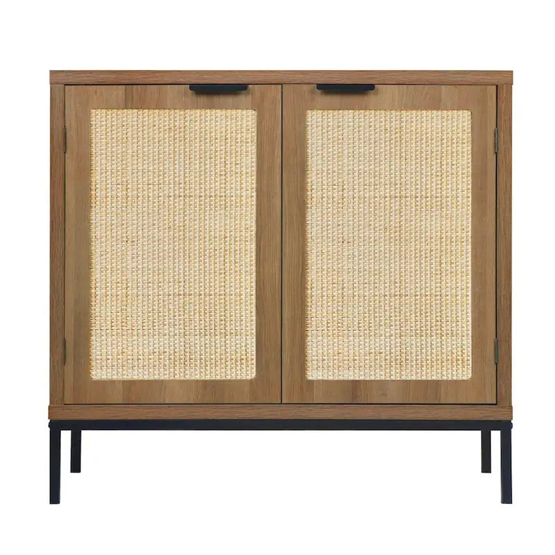 Rustic Oak Rattan 2-Door Storage Cabinet, 1-Person Assembly