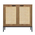 Rustic Oak Rattan 2-Door Storage Cabinet, 1-Person Assembly