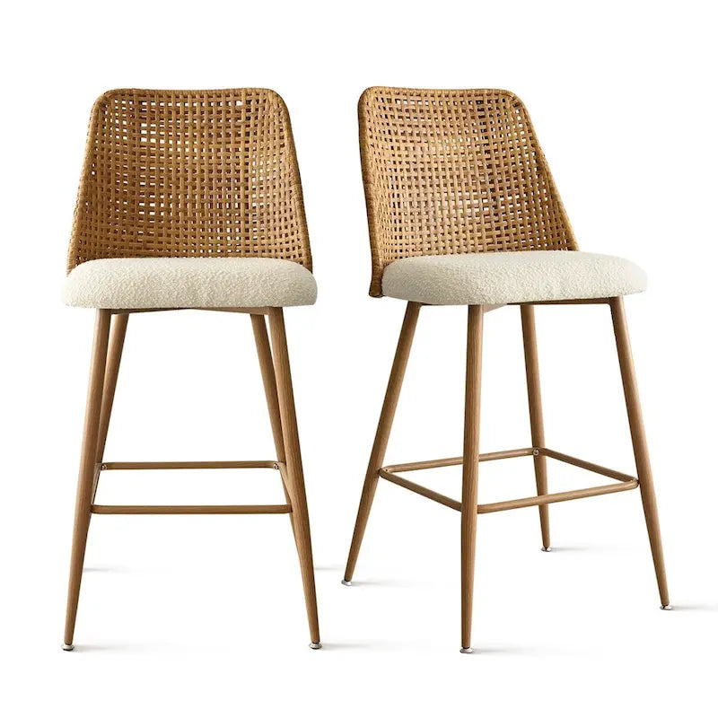 Beige Boucle & Rattan Counter Stool, Set of 2