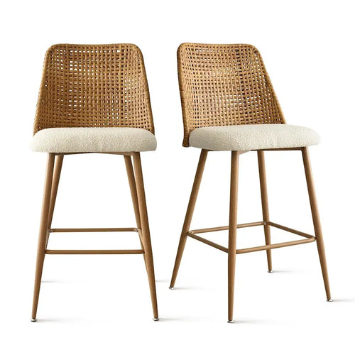 Tabouret de comptoir beige en bouclette et rotin, lot de 2