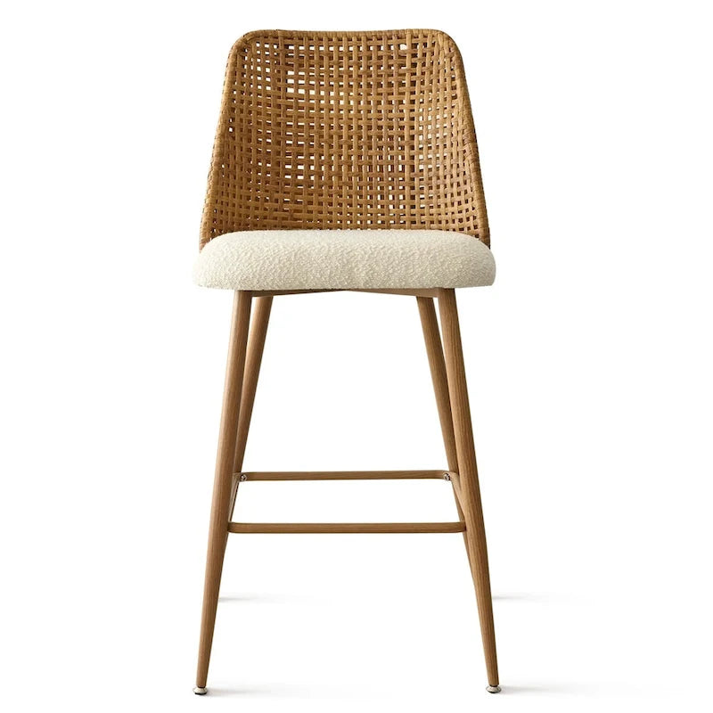 Beige Boucle & Rattan Counter Stool, Set of 2
