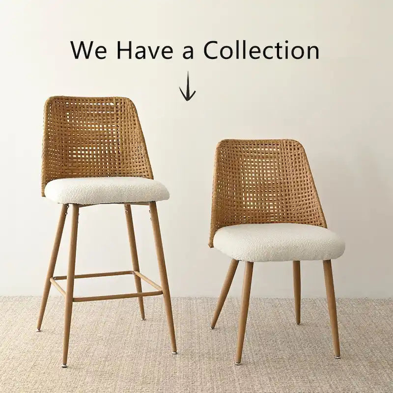 Beige Boucle & Rattan Counter Stool, Set of 2