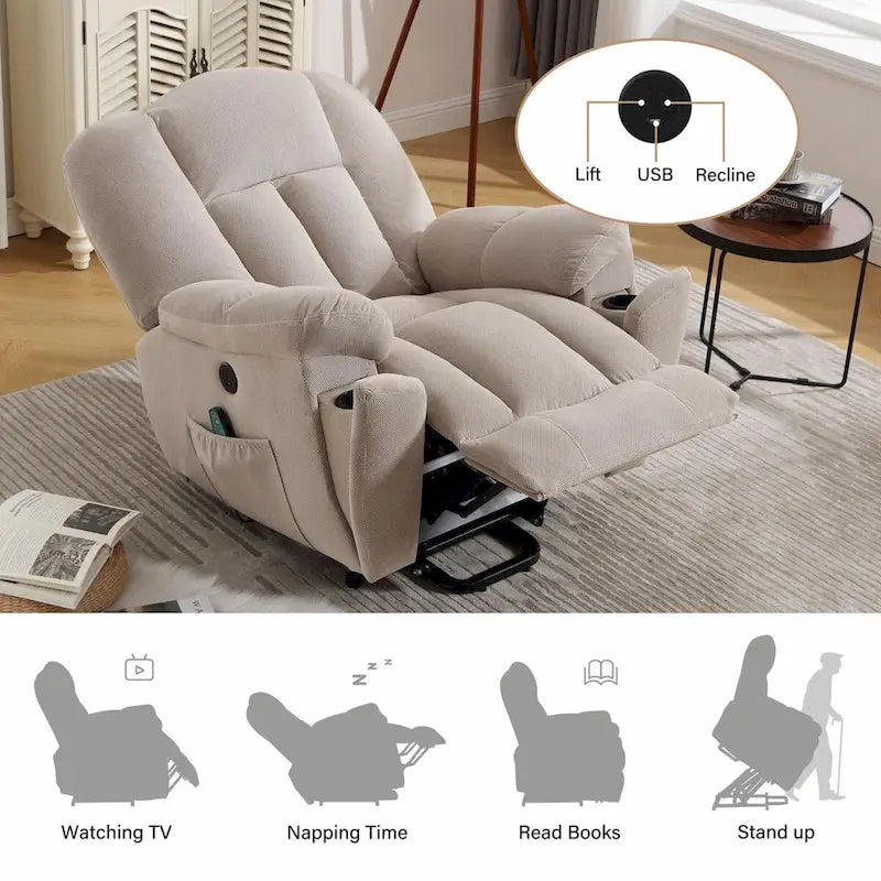 Beige / Grey Power Lift Recliner Chair with Heat & Massage – 1-Person