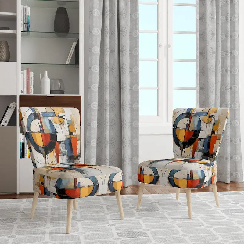 Multicolor Abstract Mid-Century Accent Chair – Single Seat, Polyester Upholstery