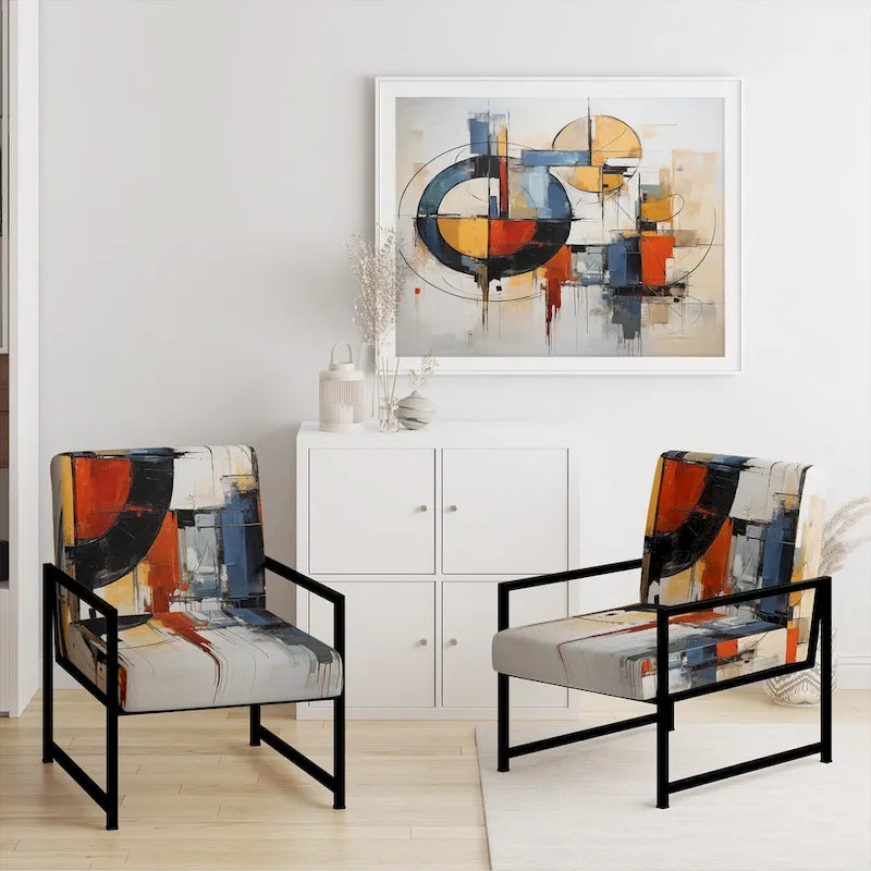 Multicolor Abstract Mid-Century Accent Chair – Single Seat, Polyester Upholstery