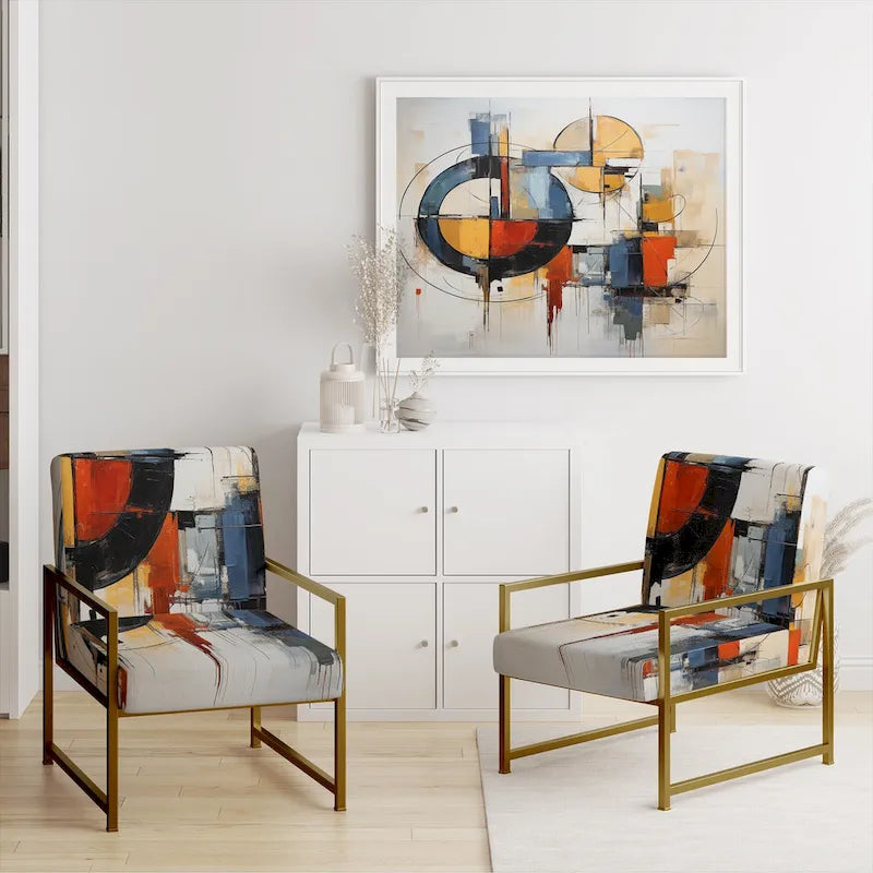 Multicolor Abstract Mid-Century Accent Chair – Single Seat, Polyester Upholstery