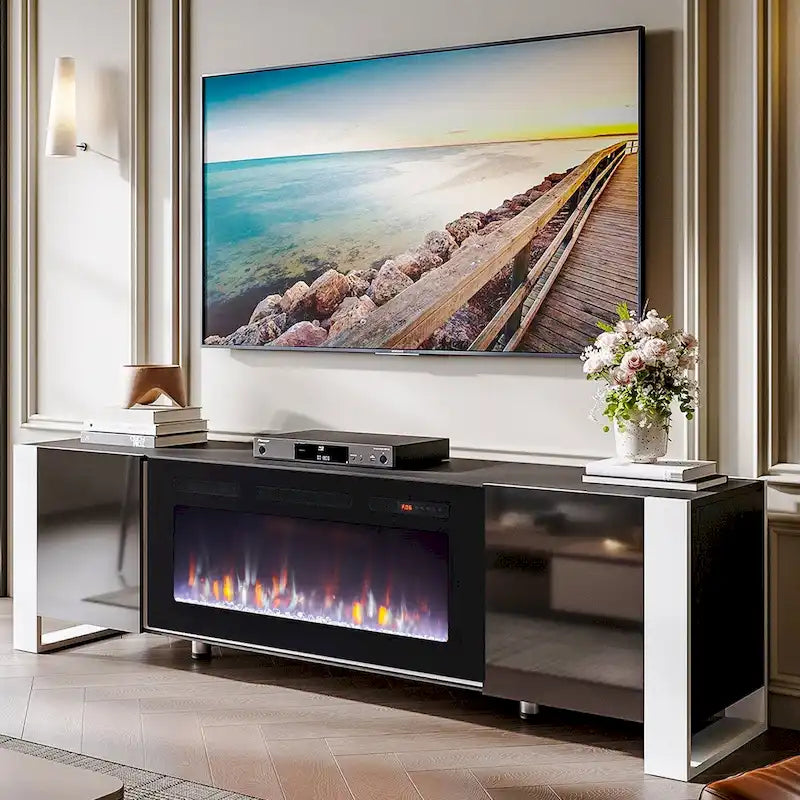 Meuble TV 70 po avec foyer électrique 36 po, blanc/noir, convient aux téléviseurs jusqu'à 80 po