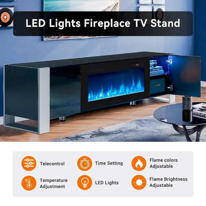 70" TV Stand with 36" Electric Fireplace, White / Black, Fits up to 80" TV