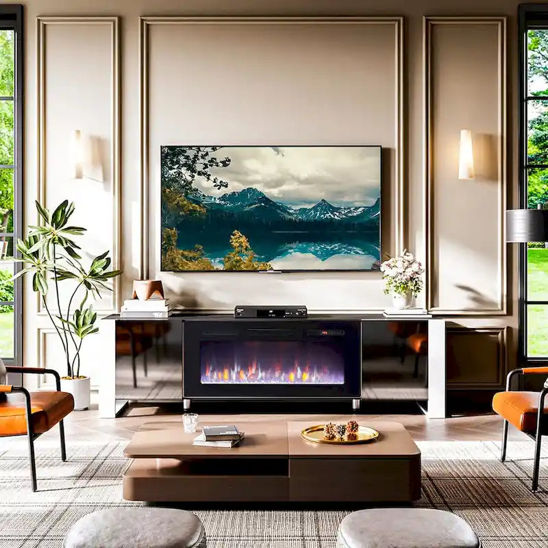 70" TV Stand with 36" Electric Fireplace, White / Black, Fits up to 80" TV