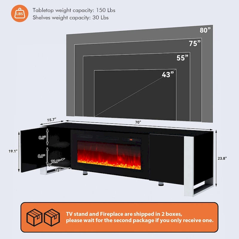 70" TV Stand with 36" Electric Fireplace, White / Black, Fits up to 80" TV