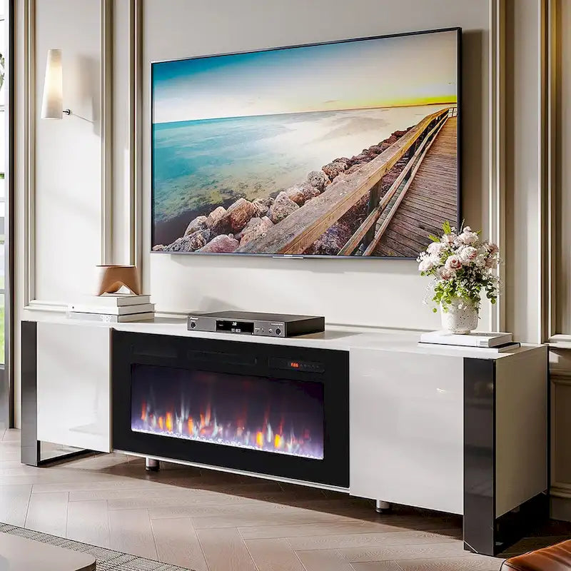 70" TV Stand with 36" Electric Fireplace, White / Black, Fits up to 80" TV
