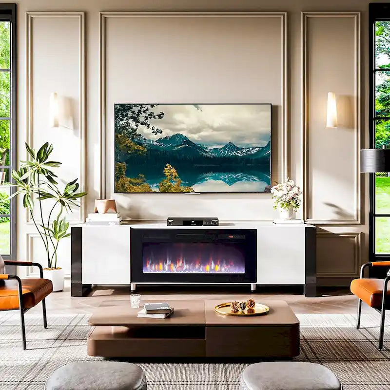 70" TV Stand with 36" Electric Fireplace, White / Black, Fits up to 80" TV