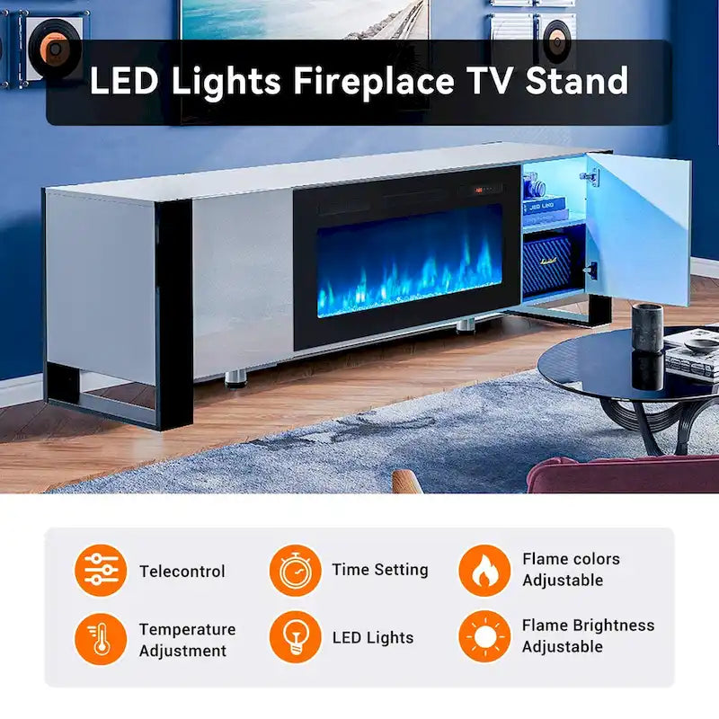 70" TV Stand with 36" Electric Fireplace, White / Black, Fits up to 80" TV