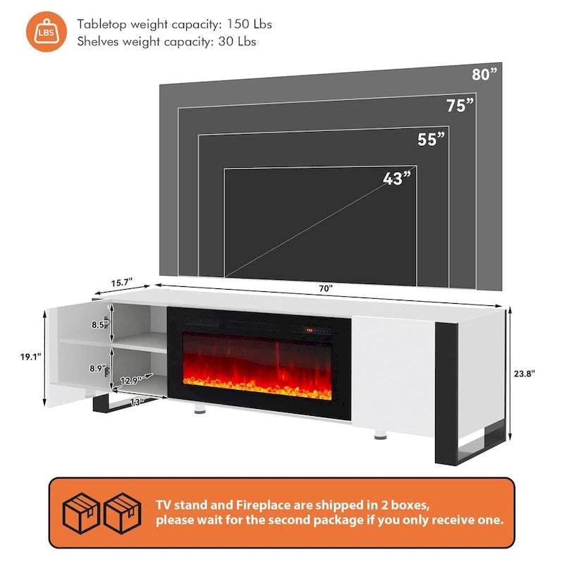 70" TV Stand with 36" Electric Fireplace, White / Black, Fits up to 80" TV