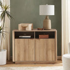 Golden Oak / Natural Walnut Corner TV Stand with Storage, 1-Person Assembly
