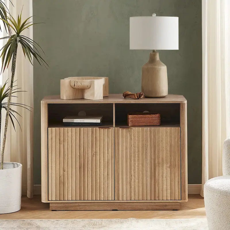 Golden Oak / Natural Walnut Corner TV Stand with Storage, 1-Person Assembly