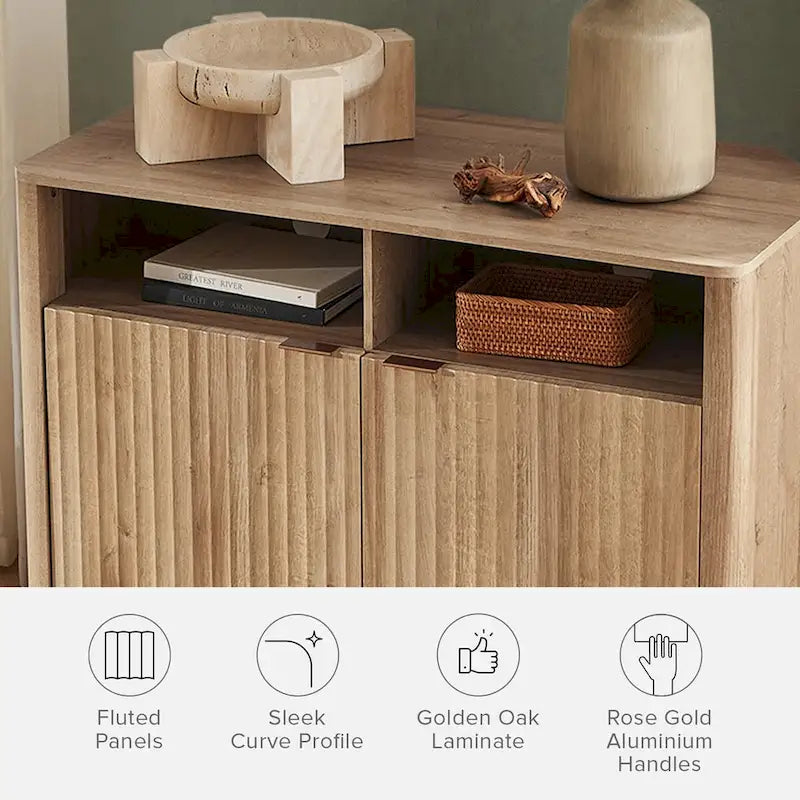 Golden Oak / Natural Walnut Corner TV Stand with Storage, 1-Person Assembly