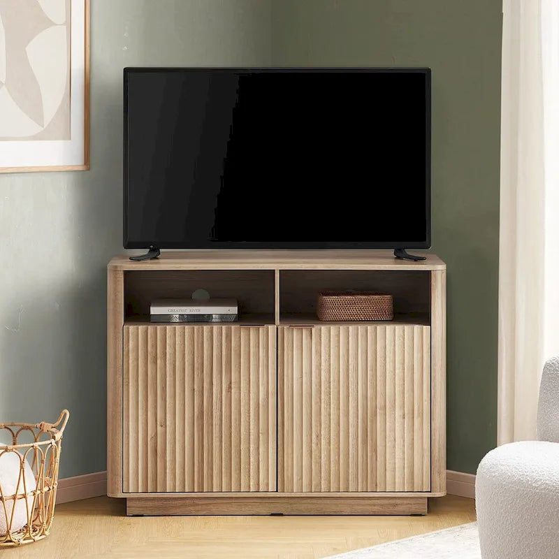Golden Oak / Natural Walnut Corner TV Stand with Storage, 1-Person Assembly