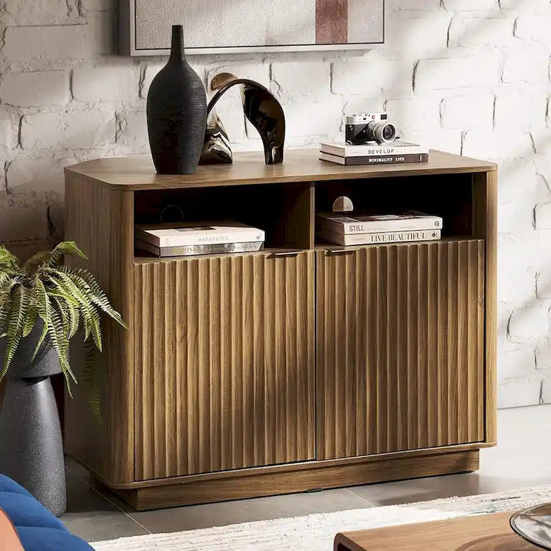 Golden Oak / Natural Walnut Corner TV Stand with Storage, 1-Person Assembly