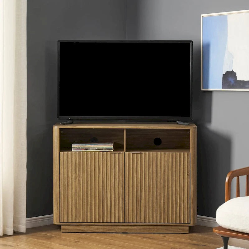 Golden Oak / Natural Walnut Corner TV Stand with Storage, 1-Person Assembly
