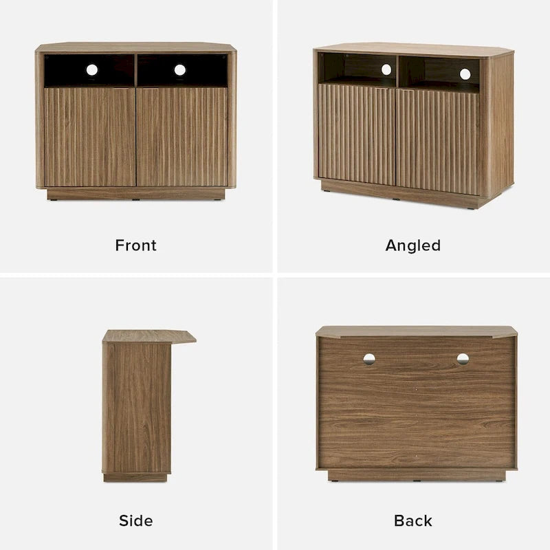 Golden Oak / Natural Walnut Corner TV Stand with Storage, 1-Person Assembly