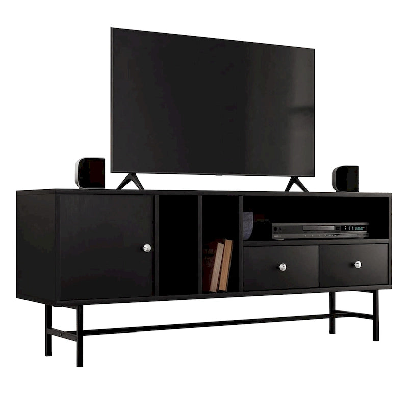 Modern TV Stand with 2 Drawers & Open Shelves, Fits up to 60" TV – Walnut / Ebony / White / Phantom Grey