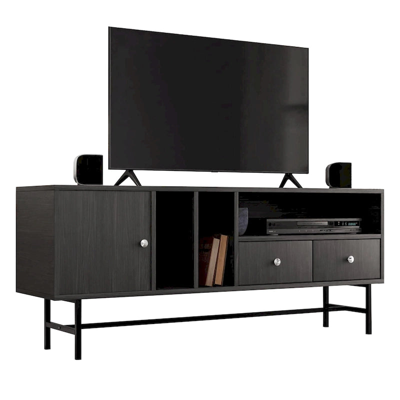 Modern TV Stand with 2 Drawers & Open Shelves, Fits up to 60" TV – Walnut / Ebony / White / Phantom Grey