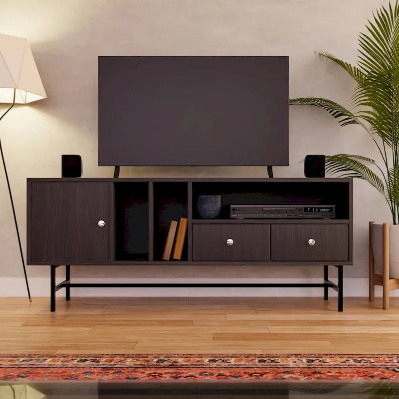 Modern TV Stand with 2 Drawers & Open Shelves, Fits up to 60" TV – Walnut / Ebony / White / Phantom Grey