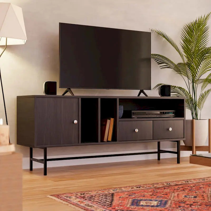 Modern TV Stand with 2 Drawers & Open Shelves, Fits up to 60" TV – Walnut / Ebony / White / Phantom Grey