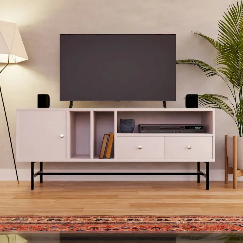 Modern TV Stand with 2 Drawers & Open Shelves, Fits up to 60" TV – Walnut / Ebony / White / Phantom Grey