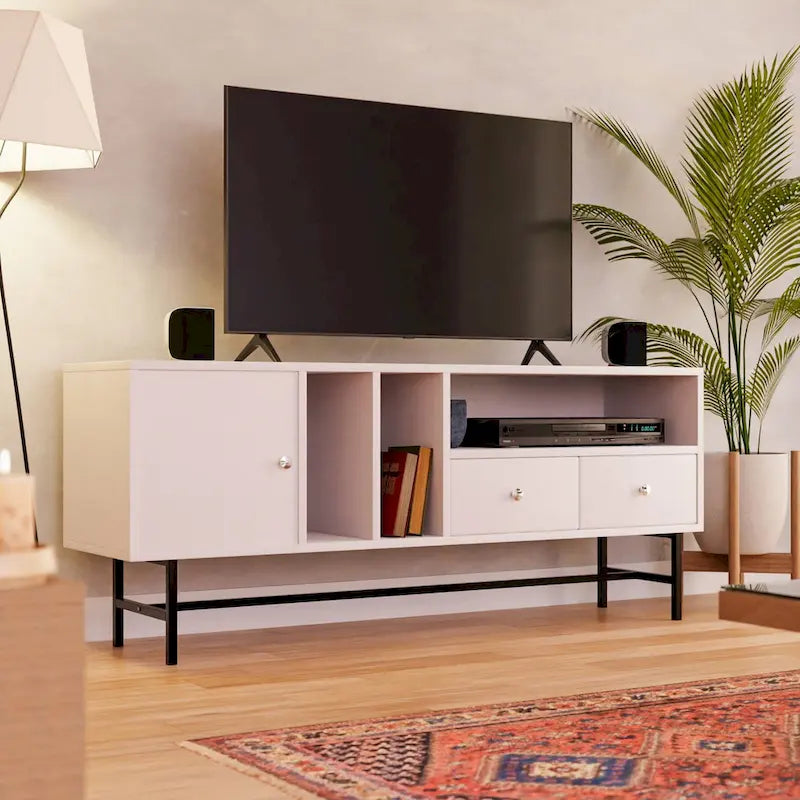 Modern TV Stand with 2 Drawers & Open Shelves, Fits up to 60" TV – Walnut / Ebony / White / Phantom Grey