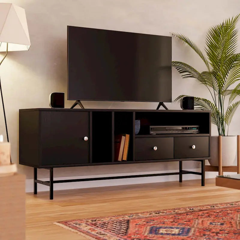 Modern TV Stand with 2 Drawers & Open Shelves, Fits up to 60" TV – Walnut / Ebony / White / Phantom Grey