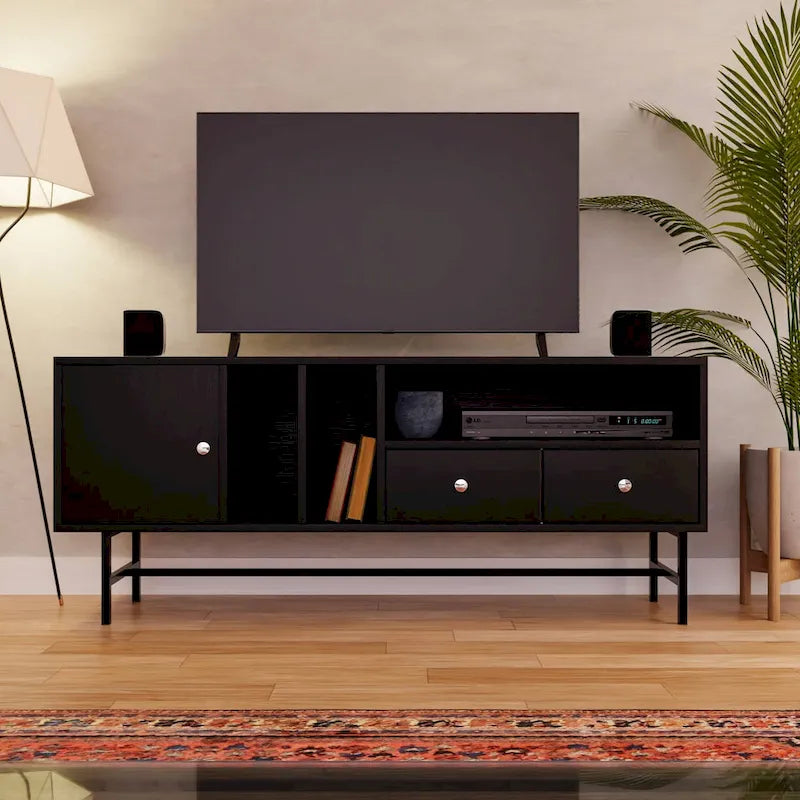 Modern TV Stand with 2 Drawers & Open Shelves, Fits up to 60" TV – Walnut / Ebony / White / Phantom Grey