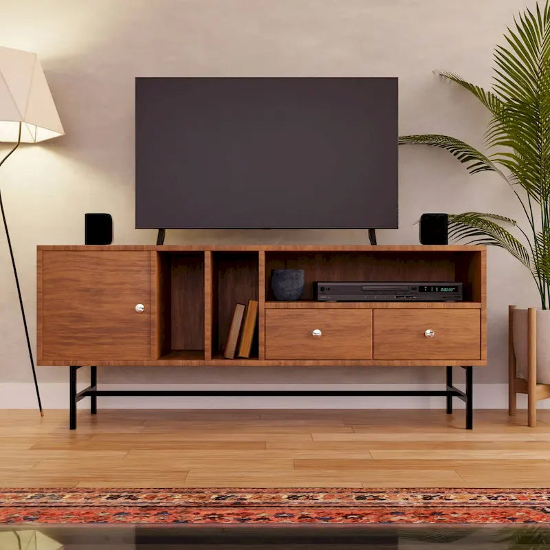 Modern TV Stand with 2 Drawers & Open Shelves, Fits up to 60" TV – Walnut / Ebony / White / Phantom Grey