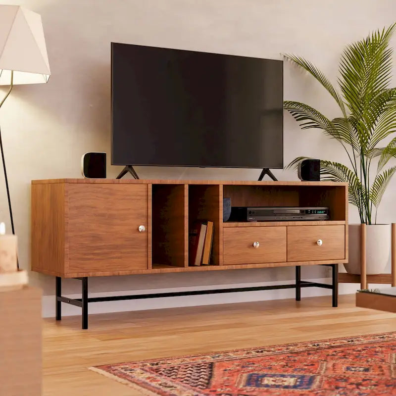 Modern TV Stand with 2 Drawers & Open Shelves, Fits up to 60" TV – Walnut / Ebony / White / Phantom Grey