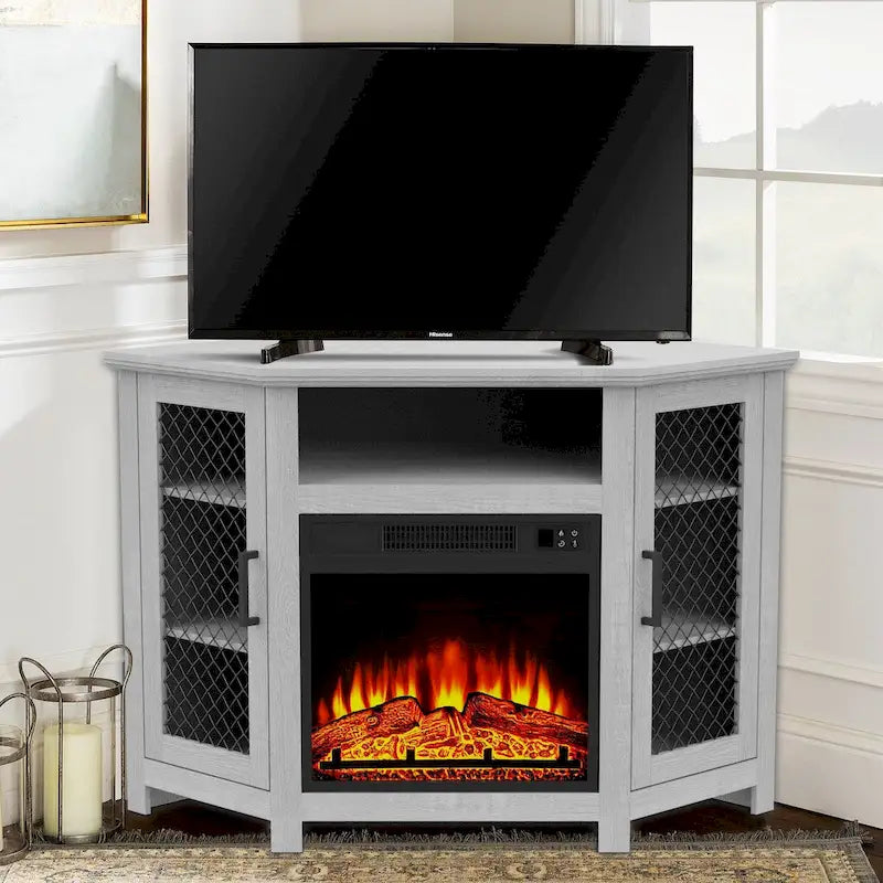 Grey Wash / Walnut Corner TV Stand with Electric Fireplace, Farmhouse Style, Single-Room Use