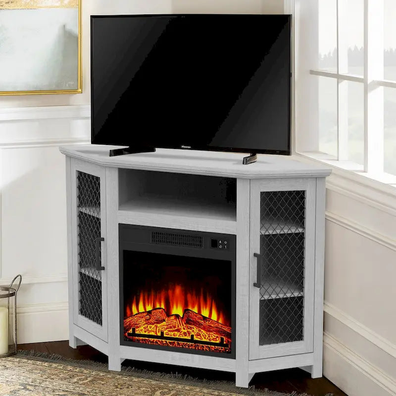 Grey Wash / Walnut Corner TV Stand with Electric Fireplace, Farmhouse Style, Single-Room Use