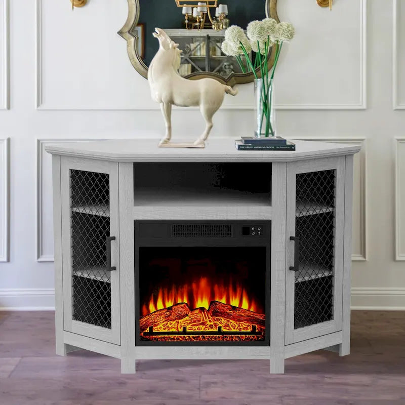Grey Wash / Walnut Corner TV Stand with Electric Fireplace, Farmhouse Style, Single-Room Use