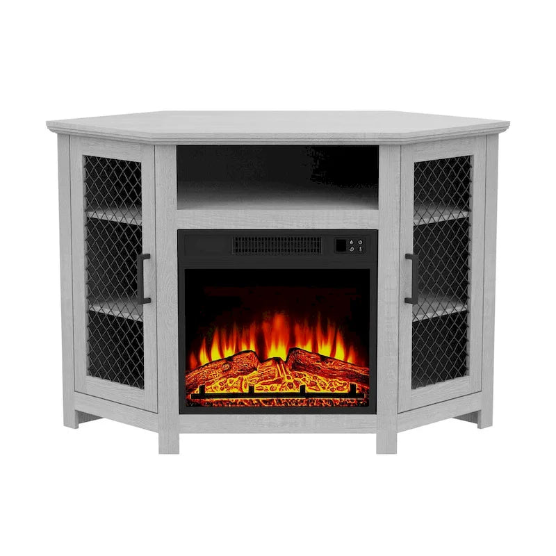 Grey Wash / Walnut Corner TV Stand with Electric Fireplace, Farmhouse Style, Single-Room Use
