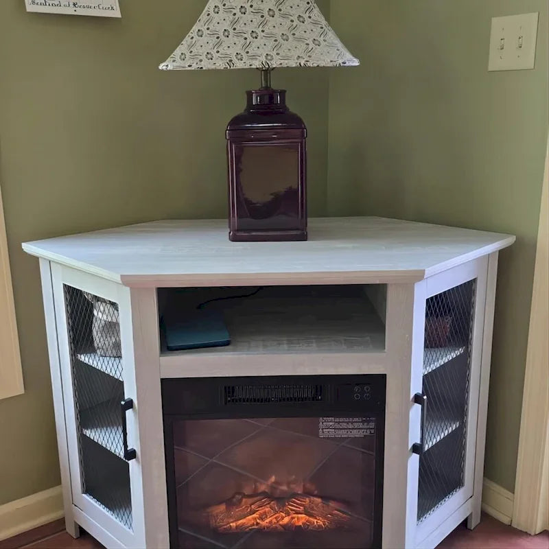 Grey Wash / Walnut Corner TV Stand with Electric Fireplace, Farmhouse Style, Single-Room Use