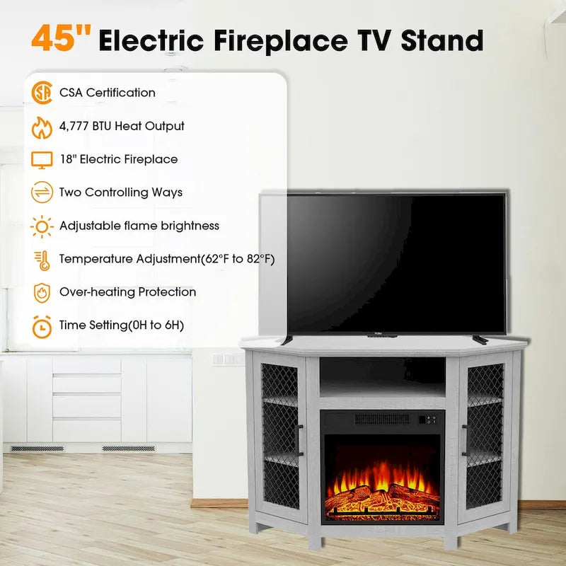 Grey Wash / Walnut Corner TV Stand with Electric Fireplace, Farmhouse Style, Single-Room Use