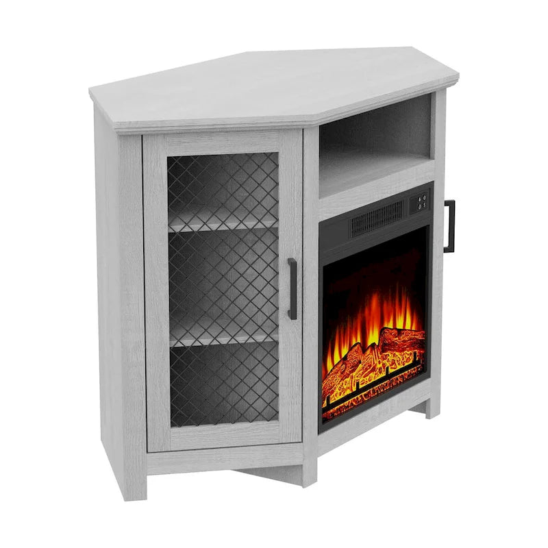 Grey Wash / Walnut Corner TV Stand with Electric Fireplace, Farmhouse Style, Single-Room Use