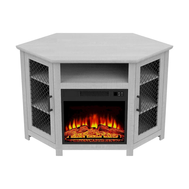 Grey Wash / Walnut Corner TV Stand with Electric Fireplace, Farmhouse Style, Single-Room Use