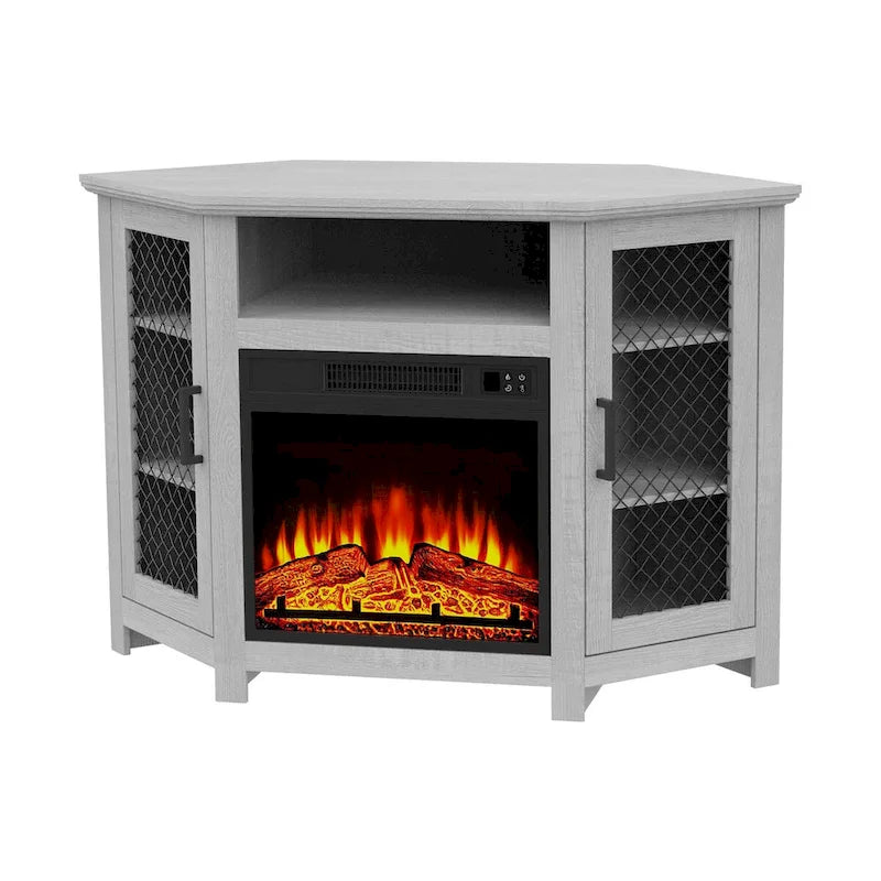 Grey Wash / Walnut Corner TV Stand with Electric Fireplace, Farmhouse Style, Single-Room Use